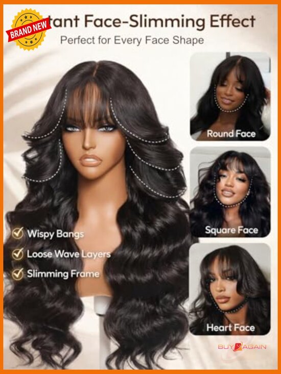 Body Wave Human Hair Wig with Wispy Bangs, Glueless Lace Front, Pre-Plucked main image 6